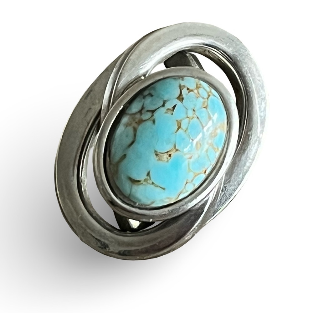 Vintage 70s Stainless Steel Turquoise Modernist Statememt Ring Size 5